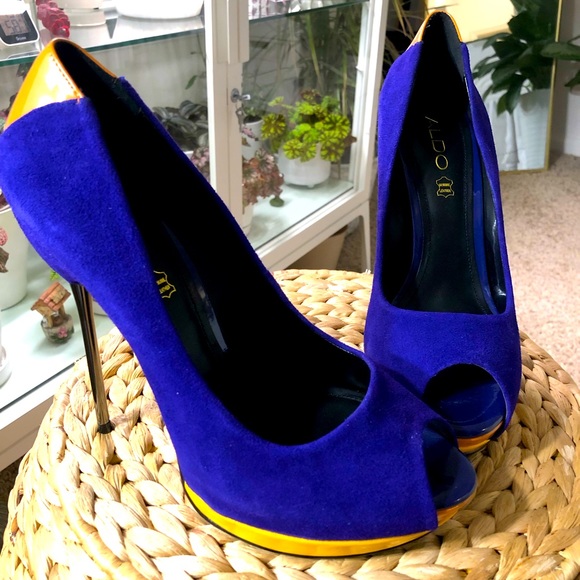 Aldo Heels Suede Blue/Yellow Stiletto Platform Shoes UK 39 US 8 - Picture 2 of 8